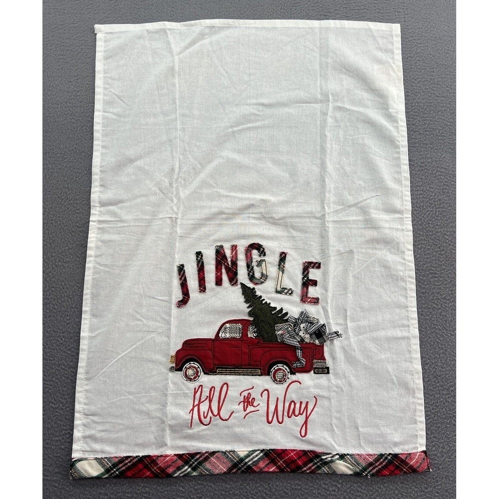 Glory Haus Tea Towel Jingle All The Way Red Truck Plaid Trim Handmade Christmas
